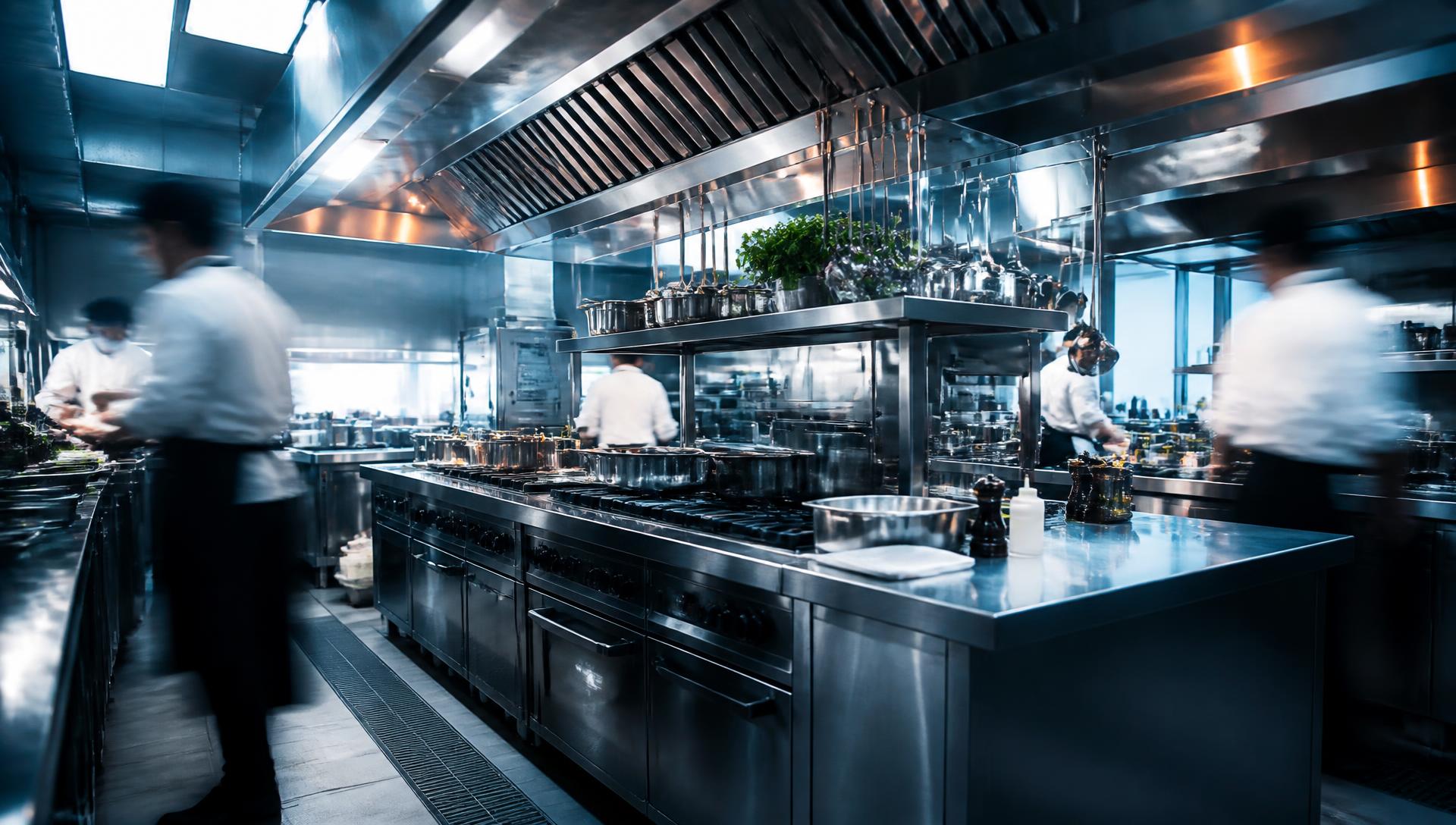 Stainless steel commercial kitchen in full service